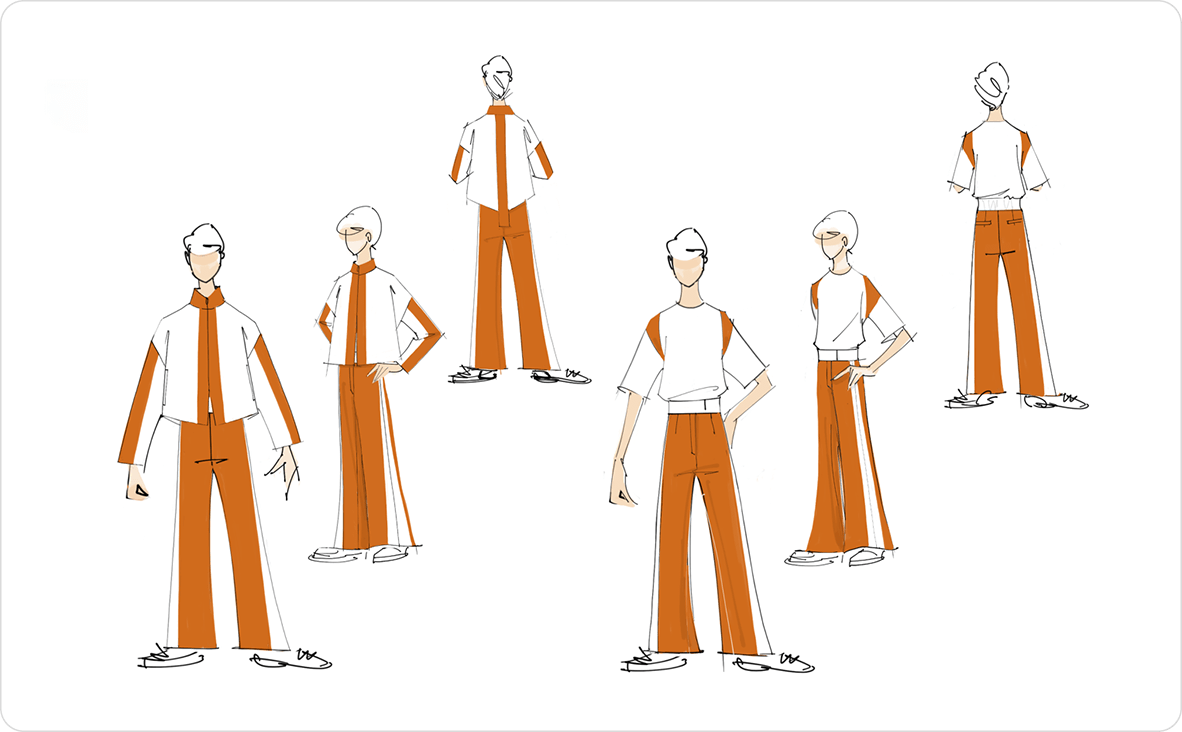 Uniform designs in white and orange for the OBAYASHI MORI SORA MIRAI staff